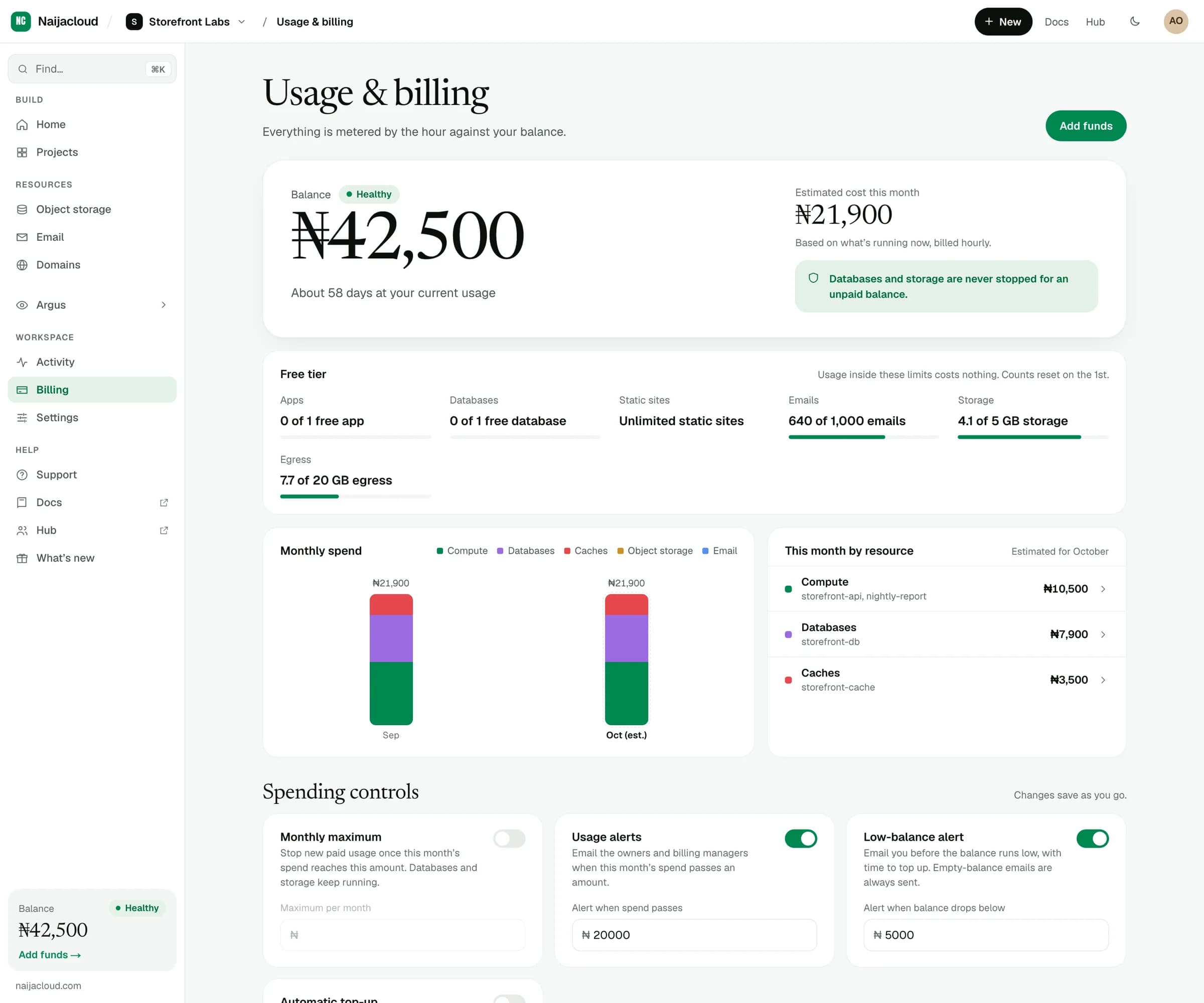 The usage and billing page showing the current balance, estimated monthly usage, runway, and spend per category