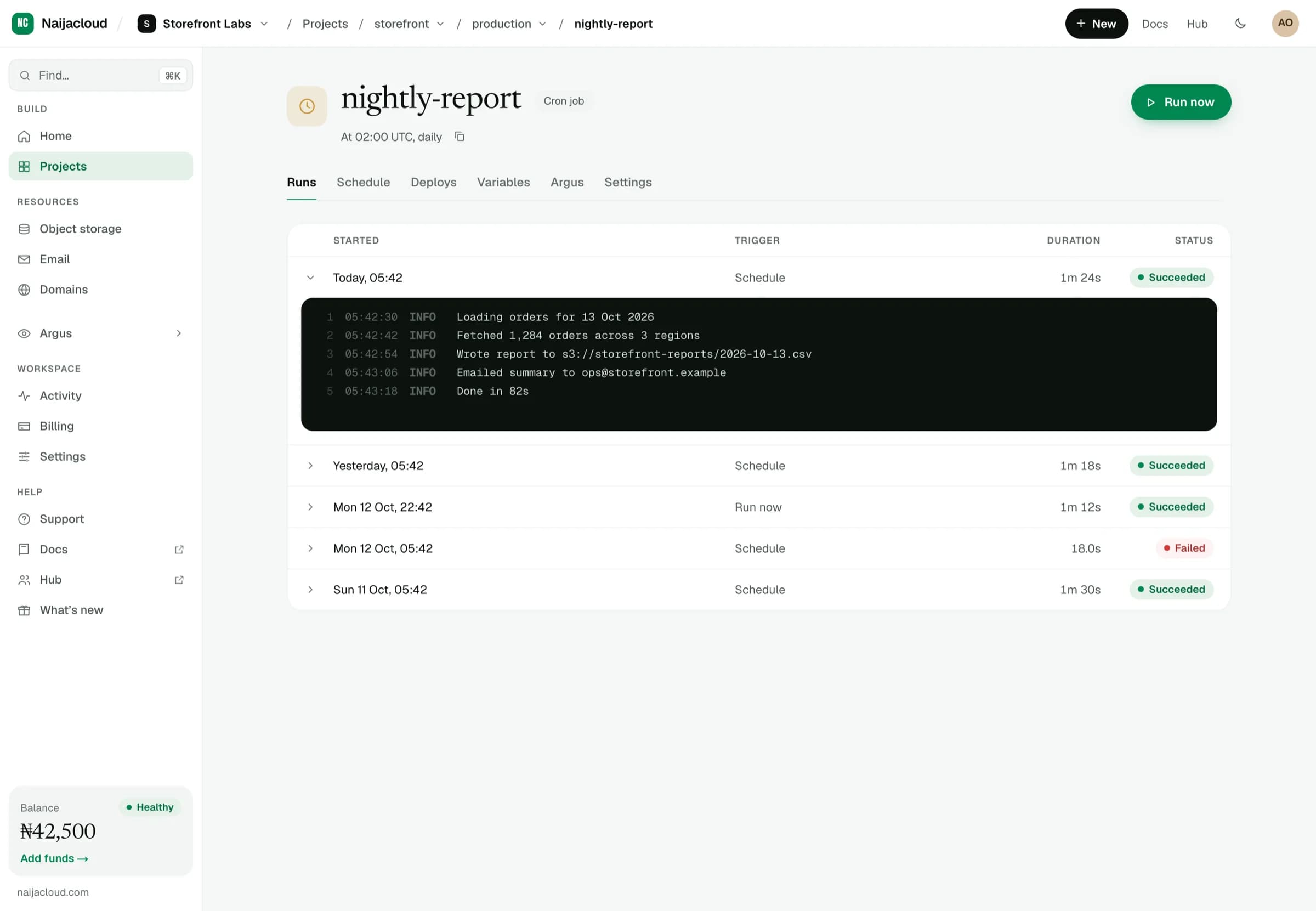 A cron job's Runs tab: its schedule, and recent runs with their trigger, duration, status and output