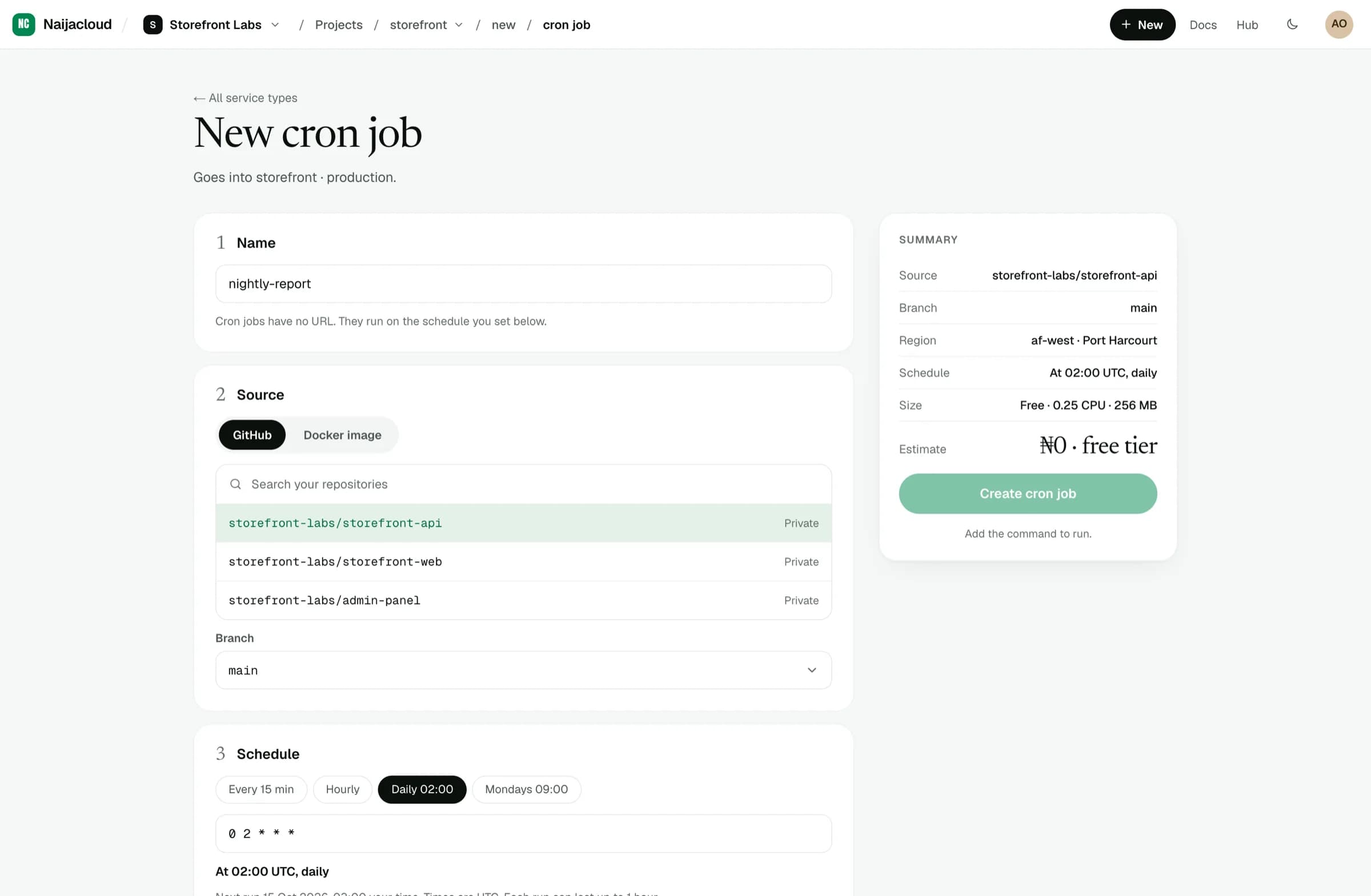 The new cron job form, with name, source and schedule fields