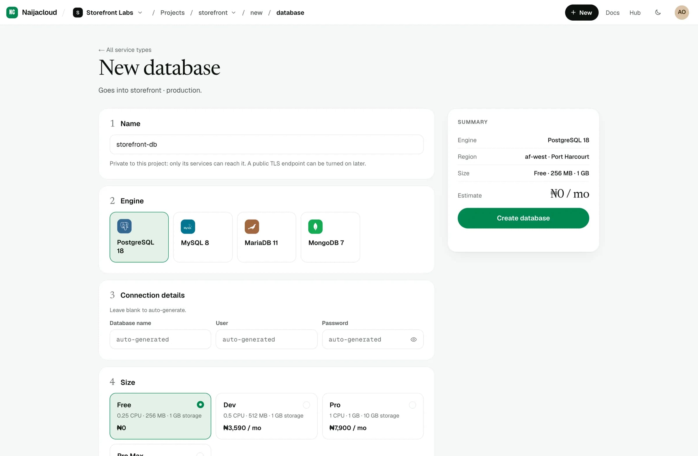 The new database form, with name, engine, connection details and size, and a summary panel showing the estimated cost