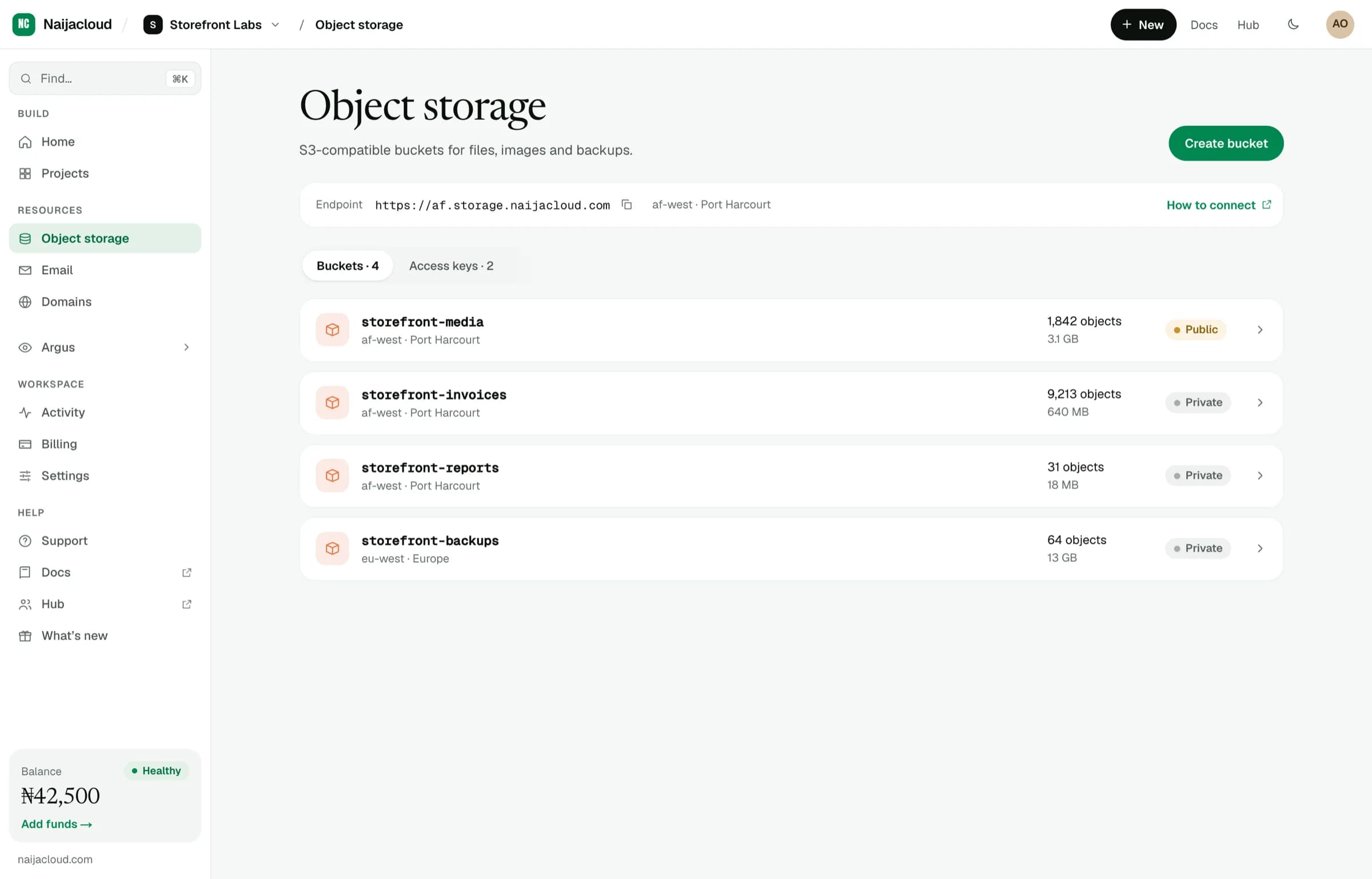 The object storage page listing buckets with their object counts, sizes, regions and access levels
