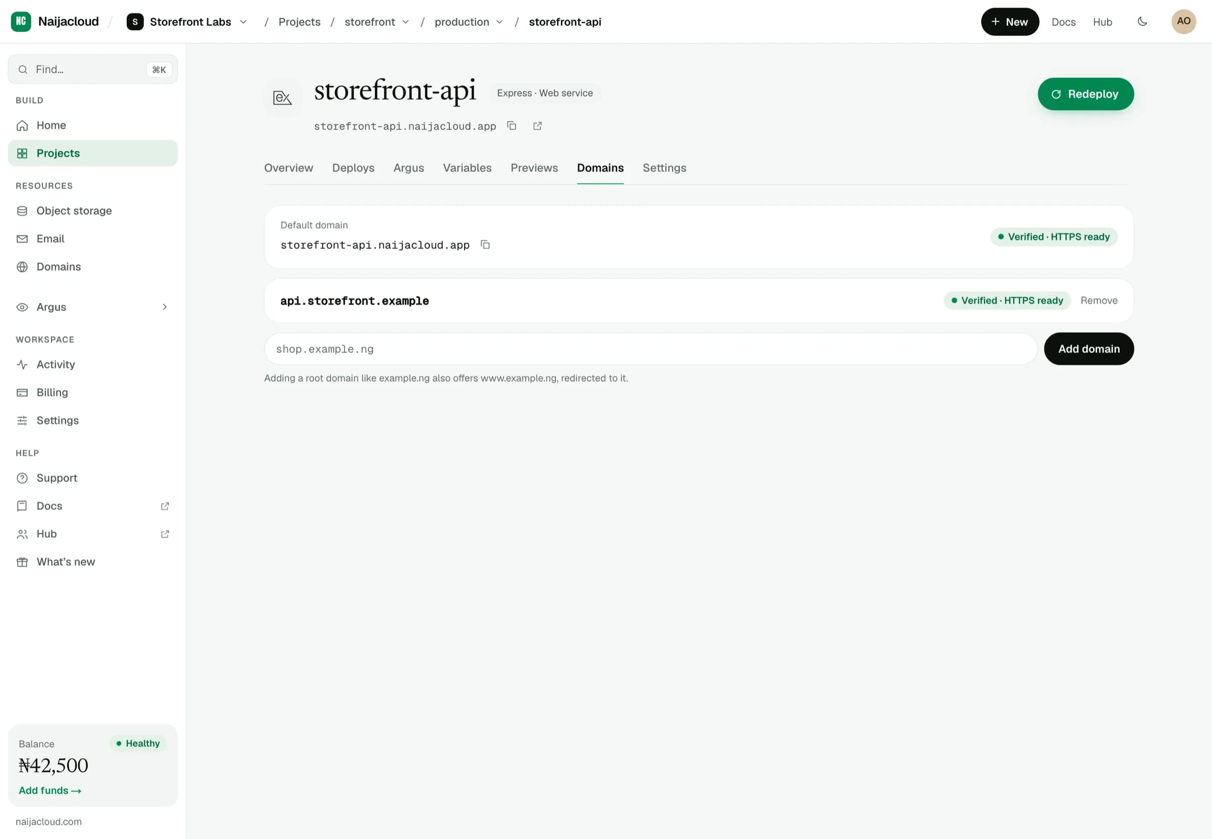 The domains tab of a service, showing its managed URL and a field to add a custom domain