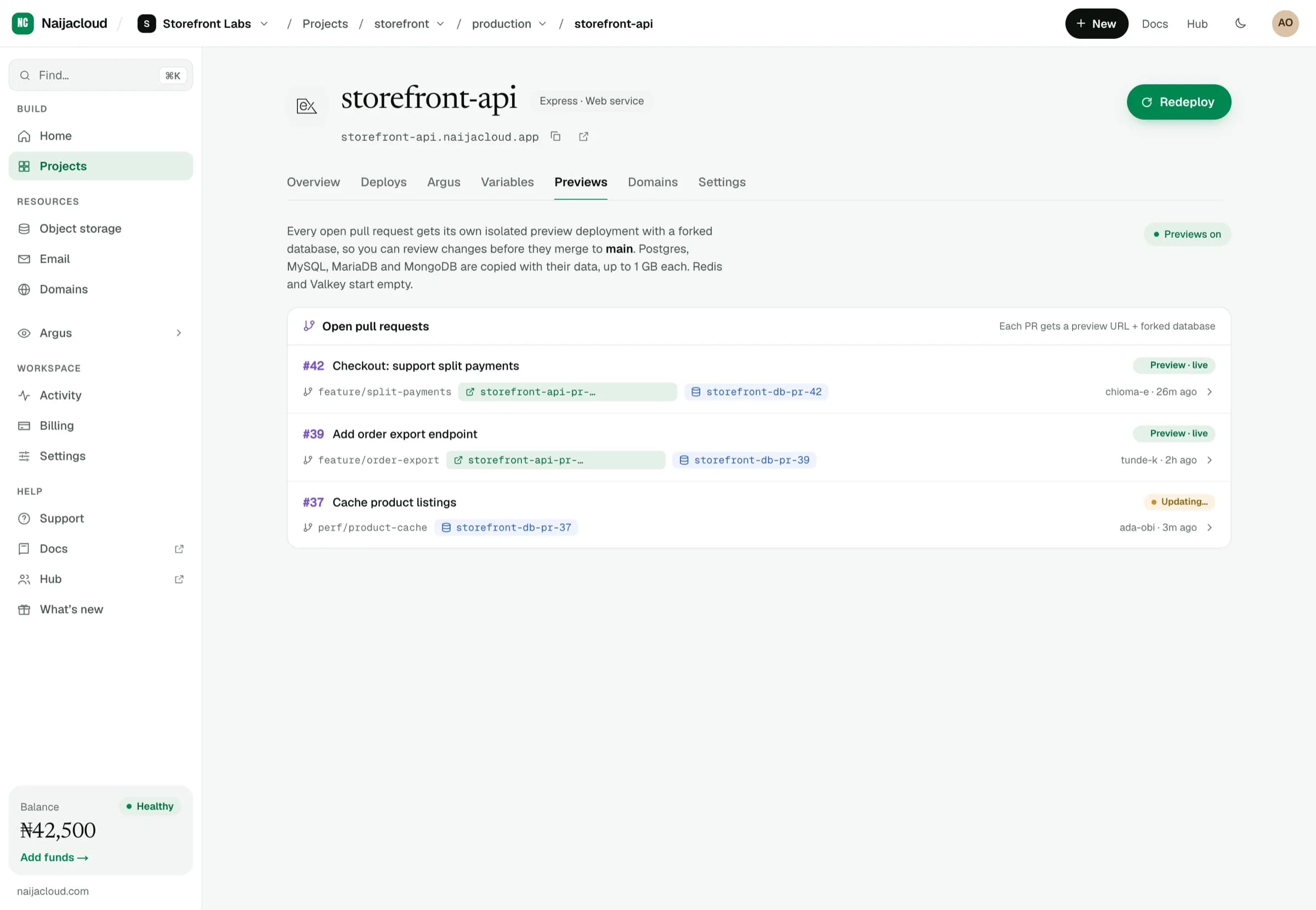 The previews tab listing open pull requests, each with a preview URL and a forked database
