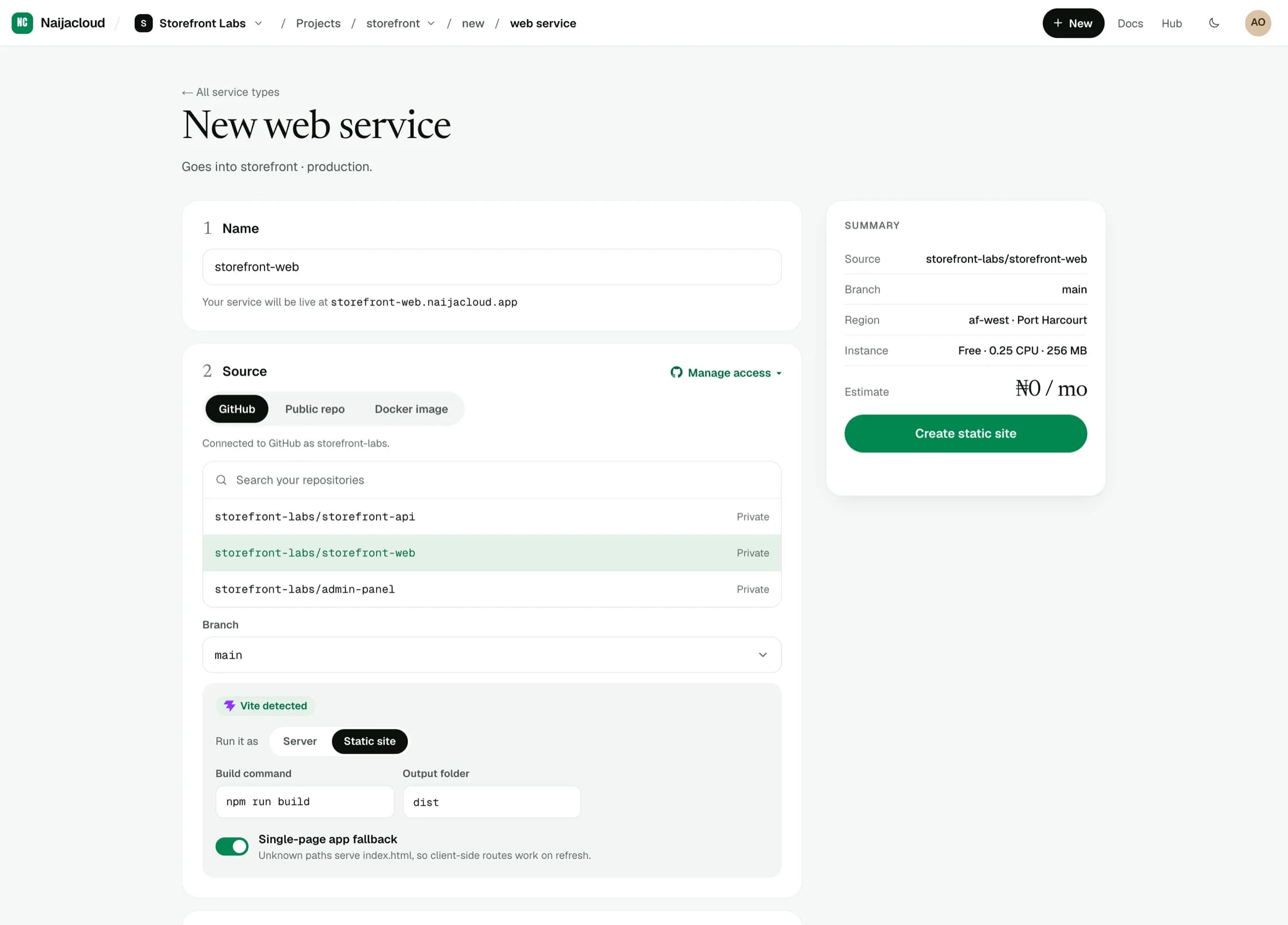 The new web service form run as a static site, with the repository, build command, output folder and single-page app fallback