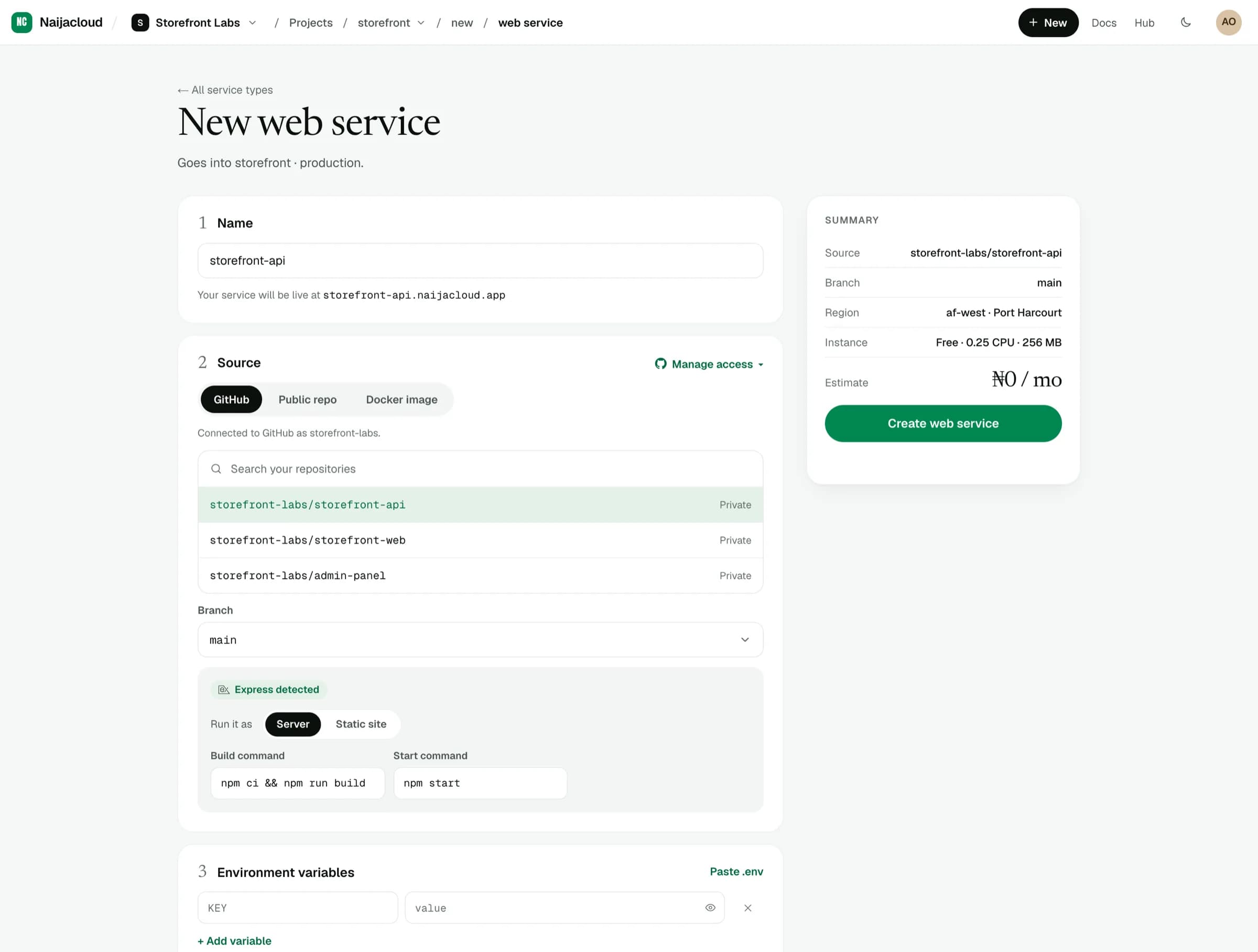 The new web service form, with a GitHub repository chosen, its detected build settings, and a summary showing the estimated cost
