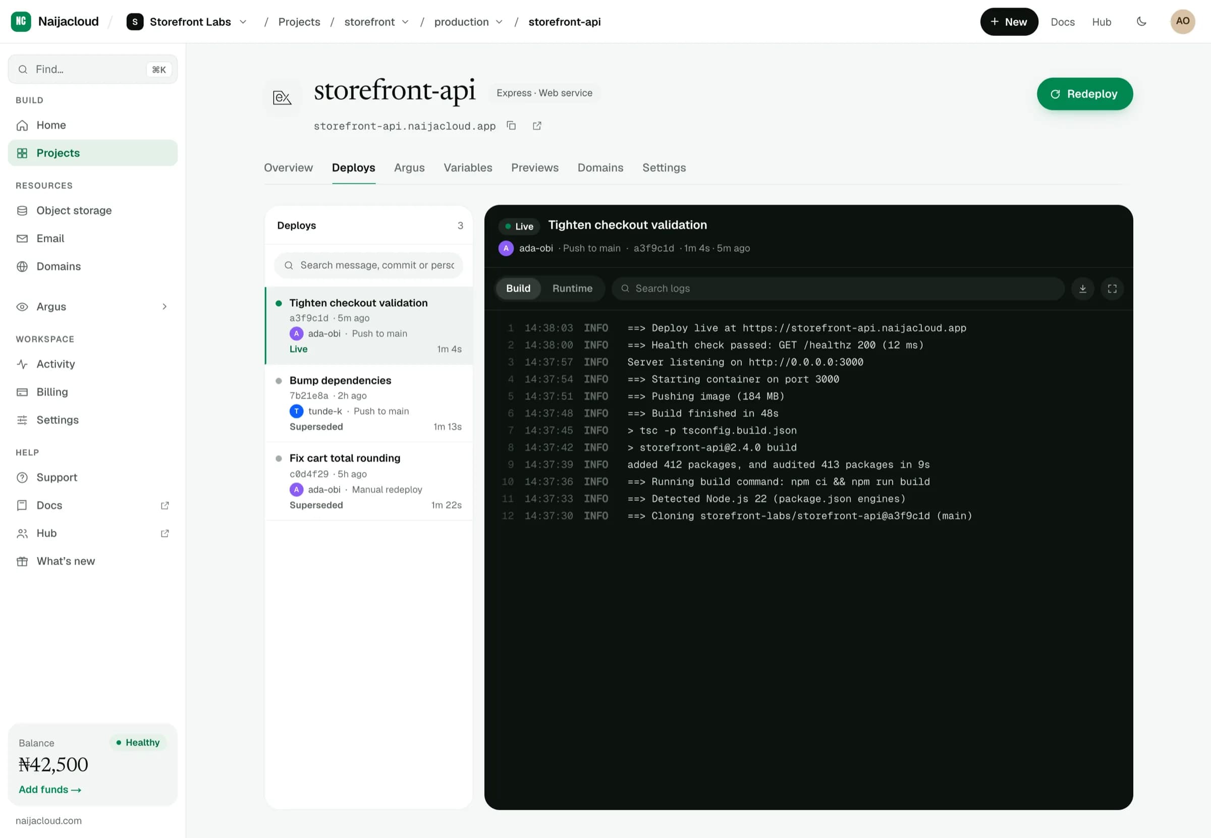 The deploys tab listing recent deploys with commit hashes, messages, authors and statuses