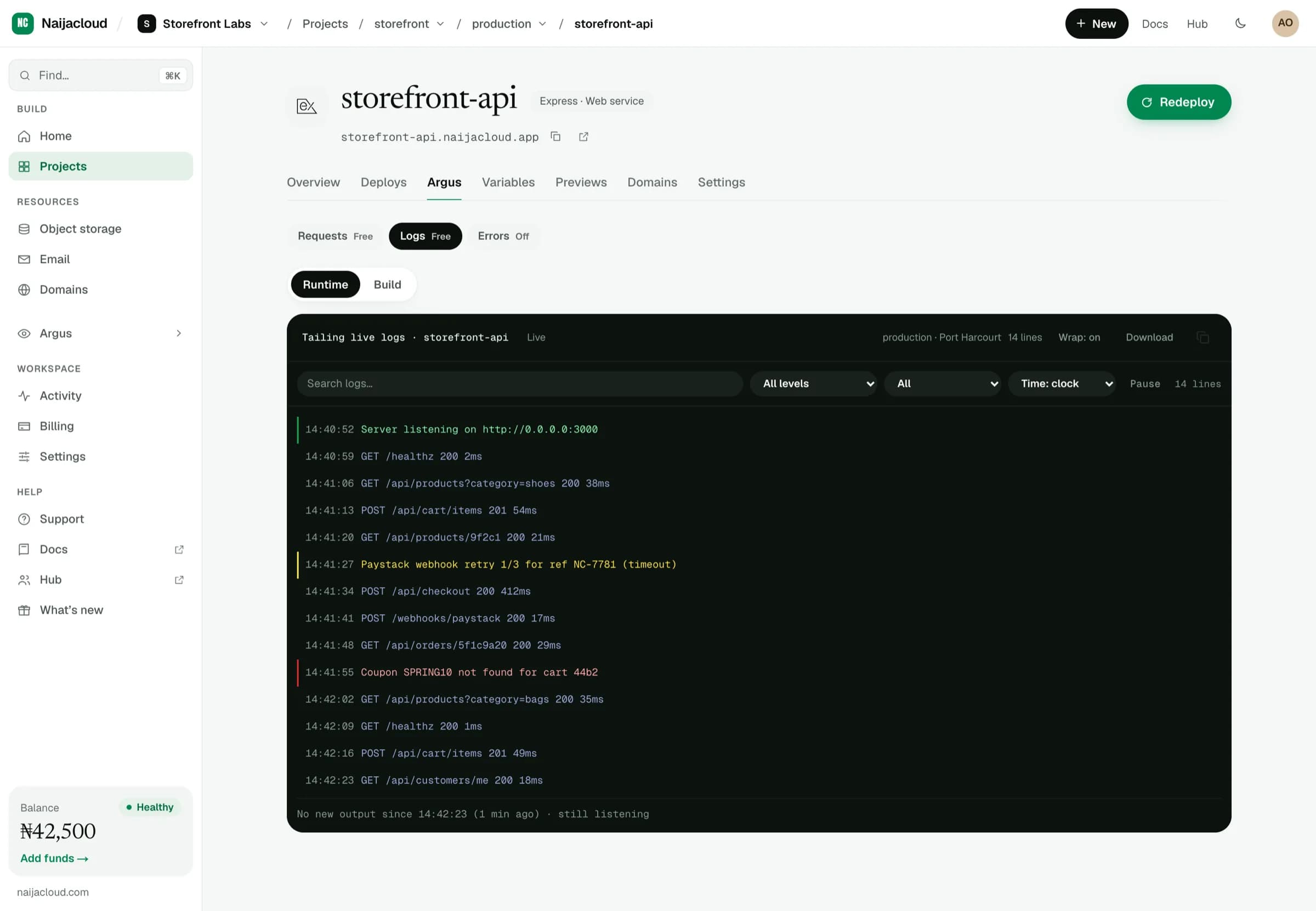 Live runtime logs streaming for a service, with a switch to its build logs