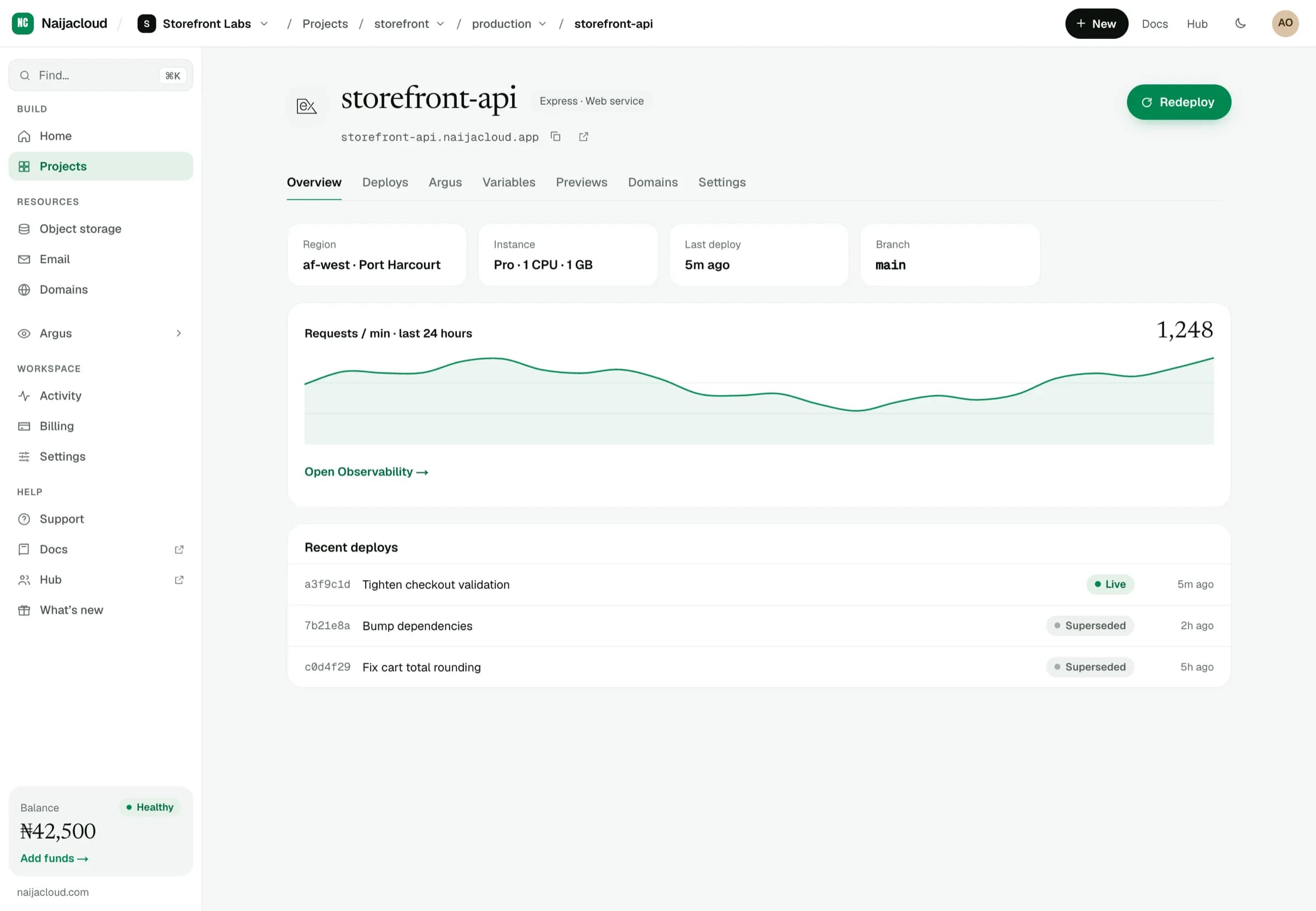 A live service overview showing its URL, region, instance type, request rate and recent deploys