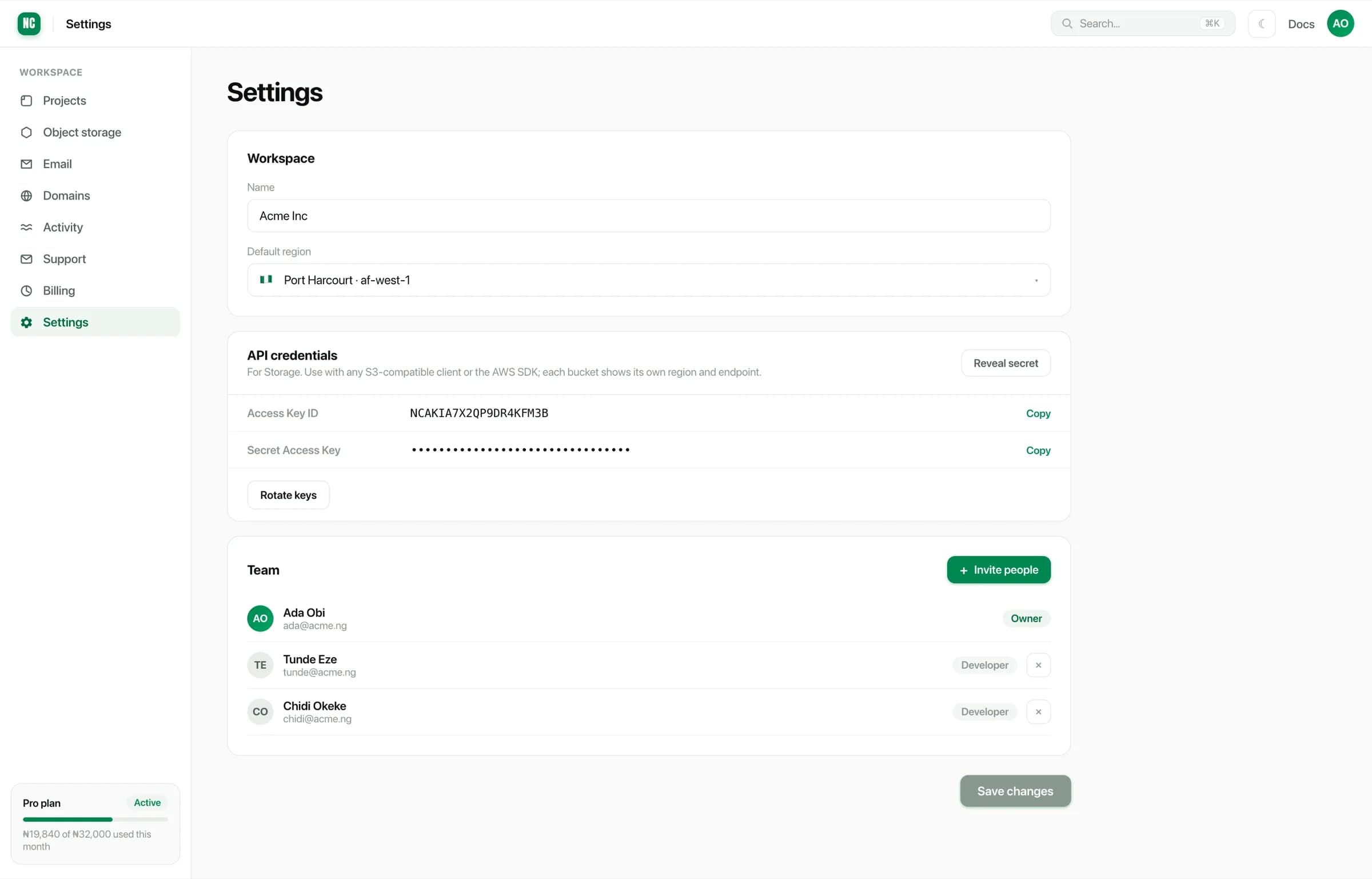 Workspace settings showing the team section with members, their emails and roles, and an invite people action
